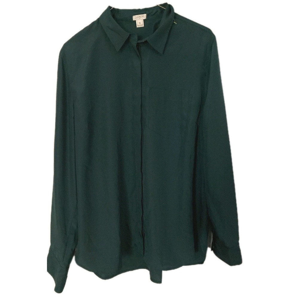 J Crew Shirt Women XL Green Collared Button Up Long Sleeve 100% Polyester EUC